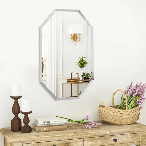 BOXED LAKEA OCTAGON GLASS FRAMED WALL MOUNTED BATHROOM MIRROR IN SILVER