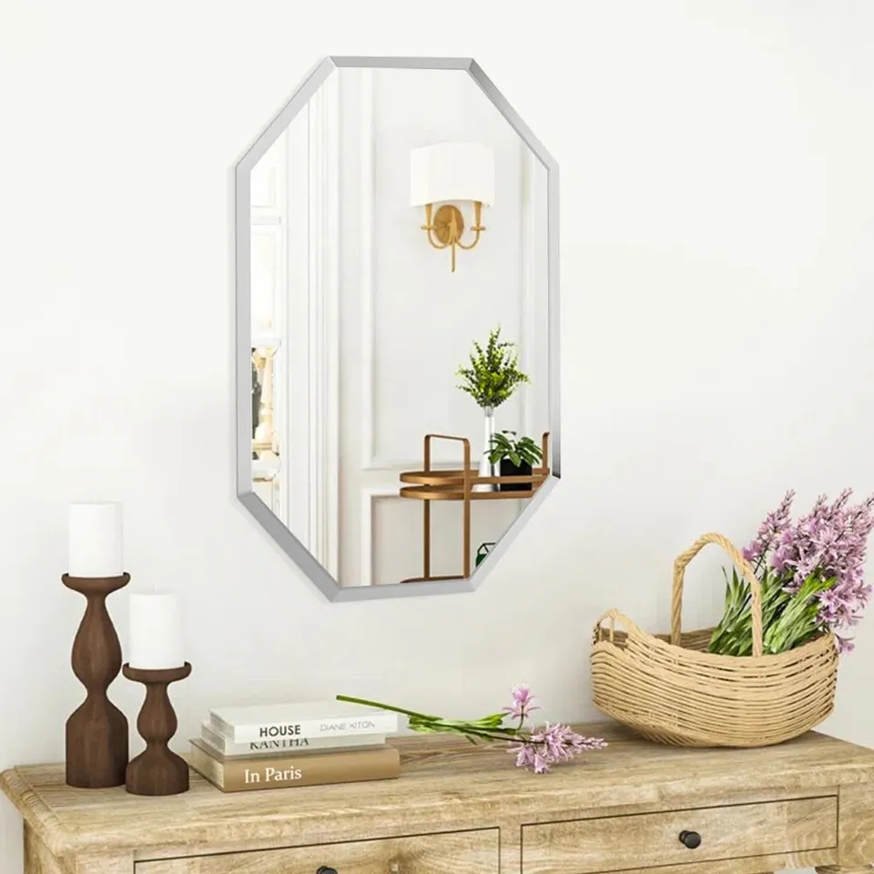 BOXED LAKEA OCTAGON GLASS FRAMED WALL MOUNTED BATHROOM MIRROR IN SILVER