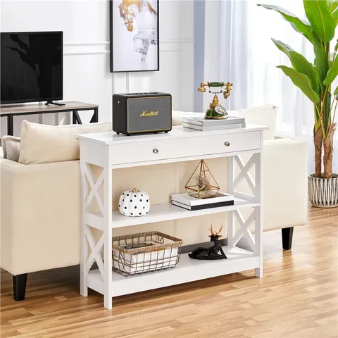 BOXED YAHEETECH 100CM WOODEN 3-TIER CONSOLE TABLE - WHITE (1 BOX)