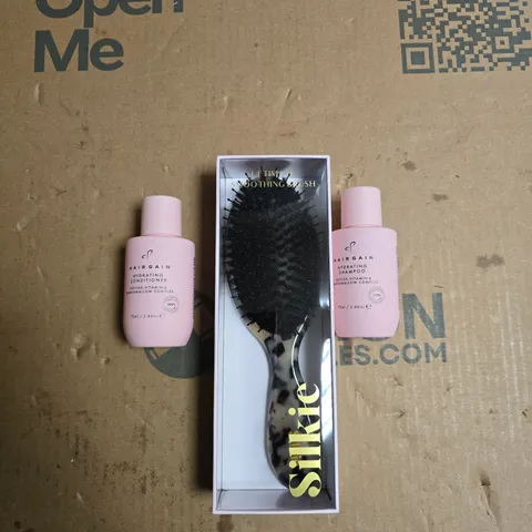 SILKIE SMOOTHING HAIRBRUSH SET WITH HAIRGAIN HYDRATING SHAMPOO & CONDITIONER (PINK BOTTLES)