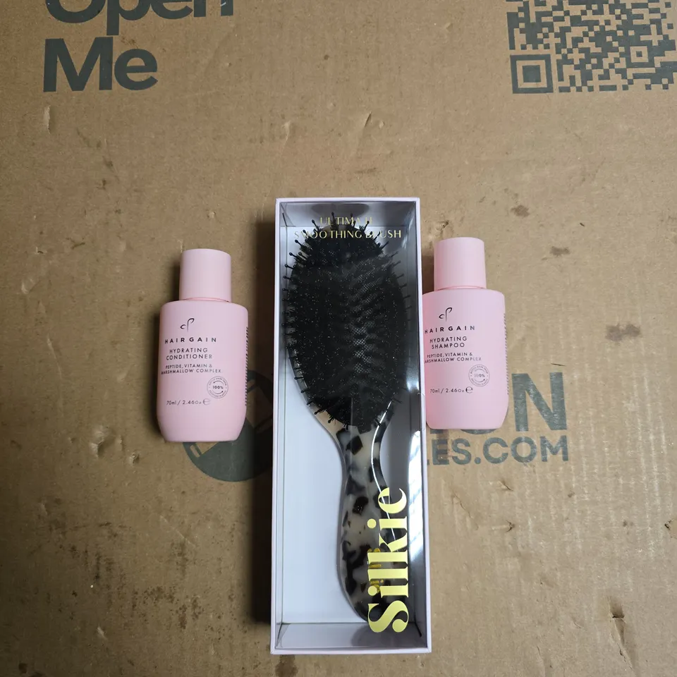 SILKIE SMOOTHING HAIRBRUSH SET WITH HAIRGAIN HYDRATING SHAMPOO & CONDITIONER (PINK BOTTLES)