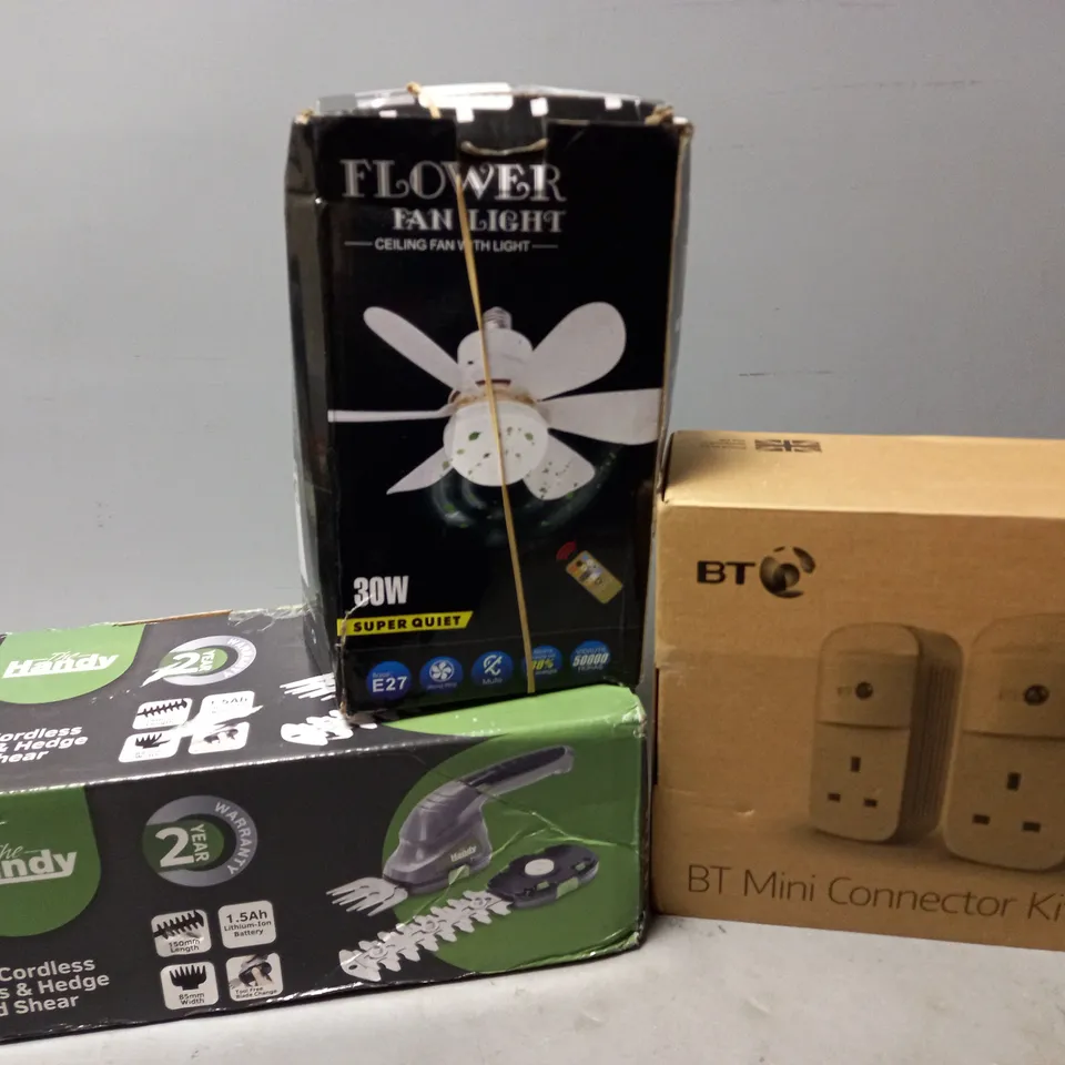 APPROXIMATELY 15 ASSORTED ELECTRICALS TO INCLUDE FLOWER FAN LIGHT, BT MINI CONNECTOR KIT, THE HANDY CORDLESS GRASS & HEDGE TRIMMER, ETC - COLLECTION ONLY