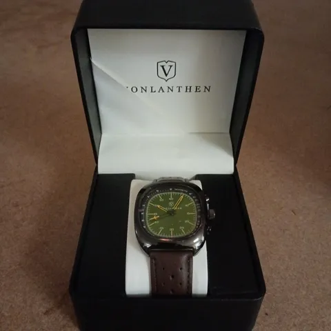 VONLANTHEN AVIATION WATCH FEATURING A GREEN DIAL AND A BROWN LEATHER STRAP 
