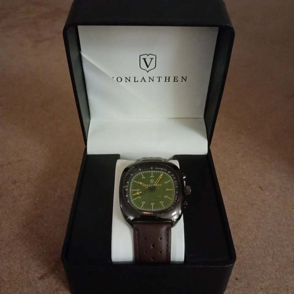 VONLANTHEN AVIATION WATCH FEATURING A GREEN DIAL AND A BROWN LEATHER STRAP 