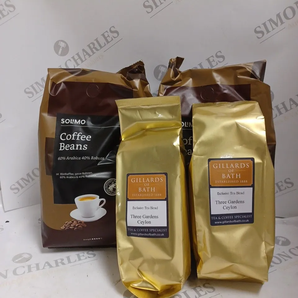 2 SOLIMO COFFEE BEANS BAGS AND 2 GILLARDS OF BATH TEA BLENDS