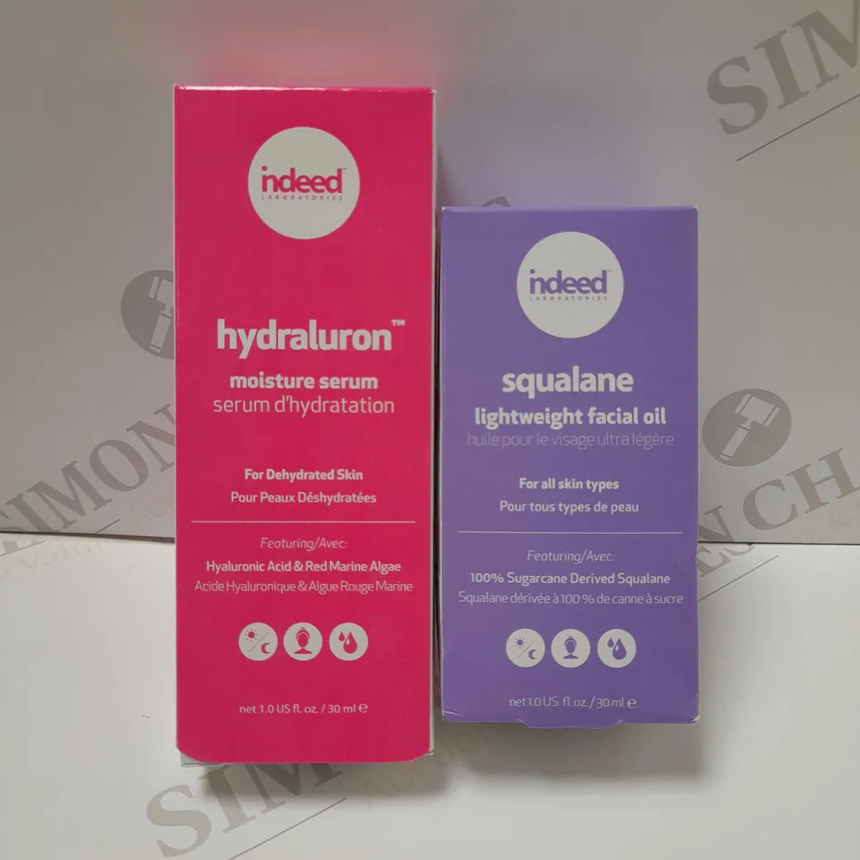 LOT OF 2 INDEED PRODUCTS TO INCLUDE HYDRALURON MOISTURE SERUM 30ML & SQUALANE LIGHTWEIGHT FACIAL OIL 30ML