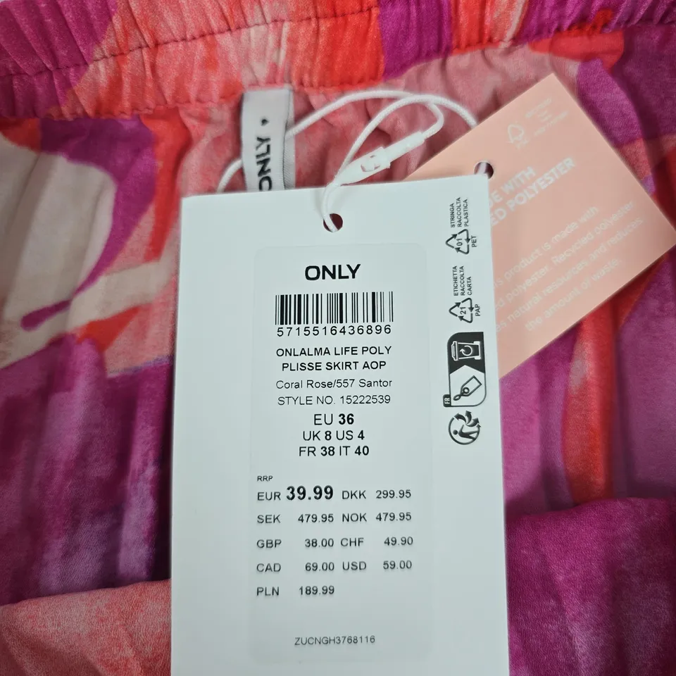 ONLY WOMEN'S PLISSÉ POLYESTER SKIRT – UK 8 (EU 36), CORAL ROSE PRINT