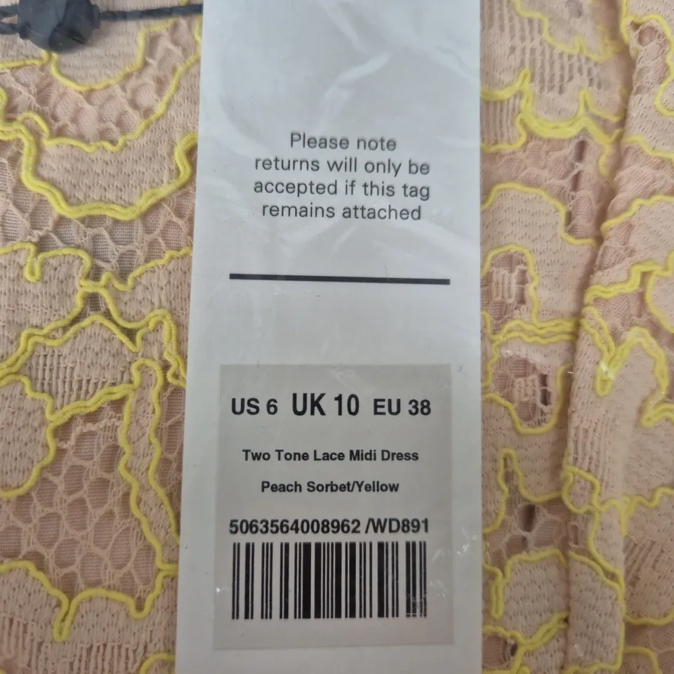 ME+EM LONDON TWO-TONE LACE MIDI DRESS – PEACH SORBET/YELLOW, UK 10