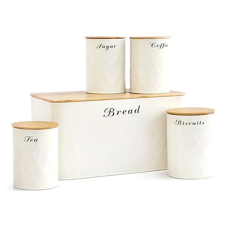 OYPLA 5PC CREAM BAMBOO LID KITCHEN CANISTER STORAGE TIN SET BREAD BISCUITS TEA SUGAR COFFEE