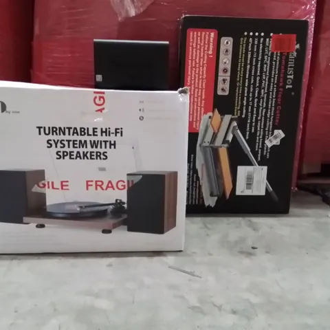 PALLET OF ASSORTED HOUSEHOLD GOODS AND PRODUCTS TO INCLUDE;TURNTABLE HI-FI SYSTEM WITH SPEAKERS,TOMAHAWK FLOOR CUTTER,TERRAMASTER