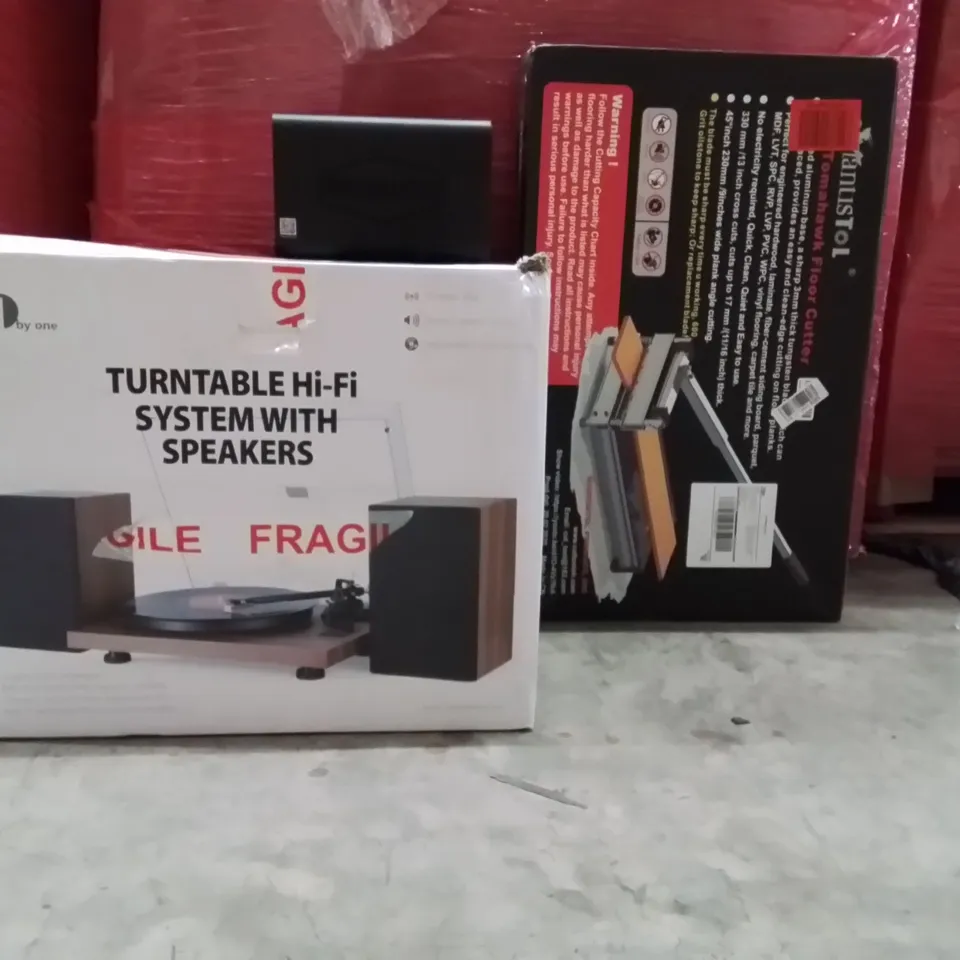 PALLET OF ASSORTED HOUSEHOLD GOODS AND PRODUCTS TO INCLUDE;TURNTABLE HI-FI SYSTEM WITH SPEAKERS,TOMAHAWK FLOOR CUTTER,TERRAMASTER 