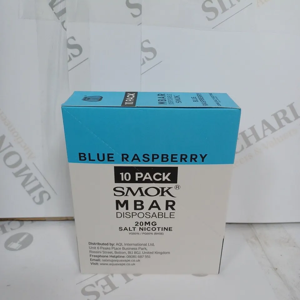BOX OF APPROXIMATELY 10 BOXES OF BLUE RASPBERRY 10 PACK SMOK M BAR DISPOSABLE 20MG SALT NICOTINE
