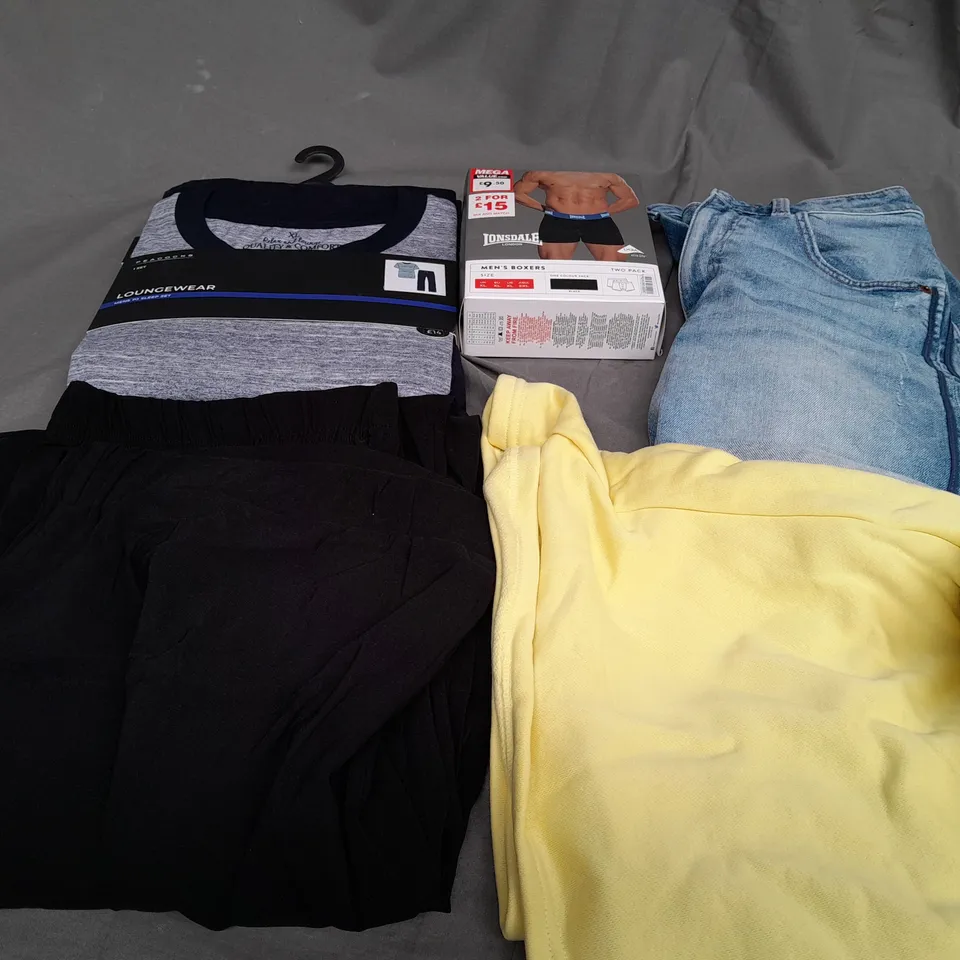 BOX OF APPROXIMATELY 25 ASSORTED CLOTHING ITEMS TO INCLUDE -  SHORTS , BOXERS , TROUSERS ETC