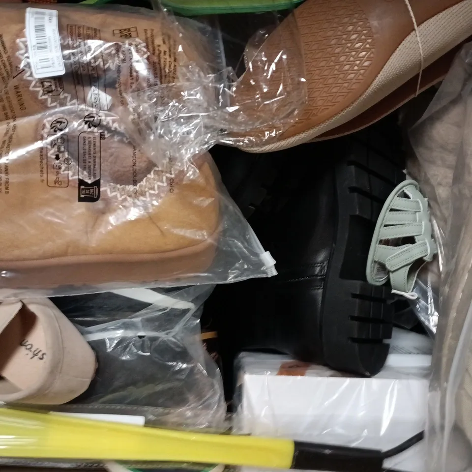 BOX OF APPROXIMATELY 15 ASSORTED PAIRS OF SHOES AND FOOTWEAR ITEMS IN VARIOUS COLOURS, STYLES, AND SIZES - COLLECTION ONLY