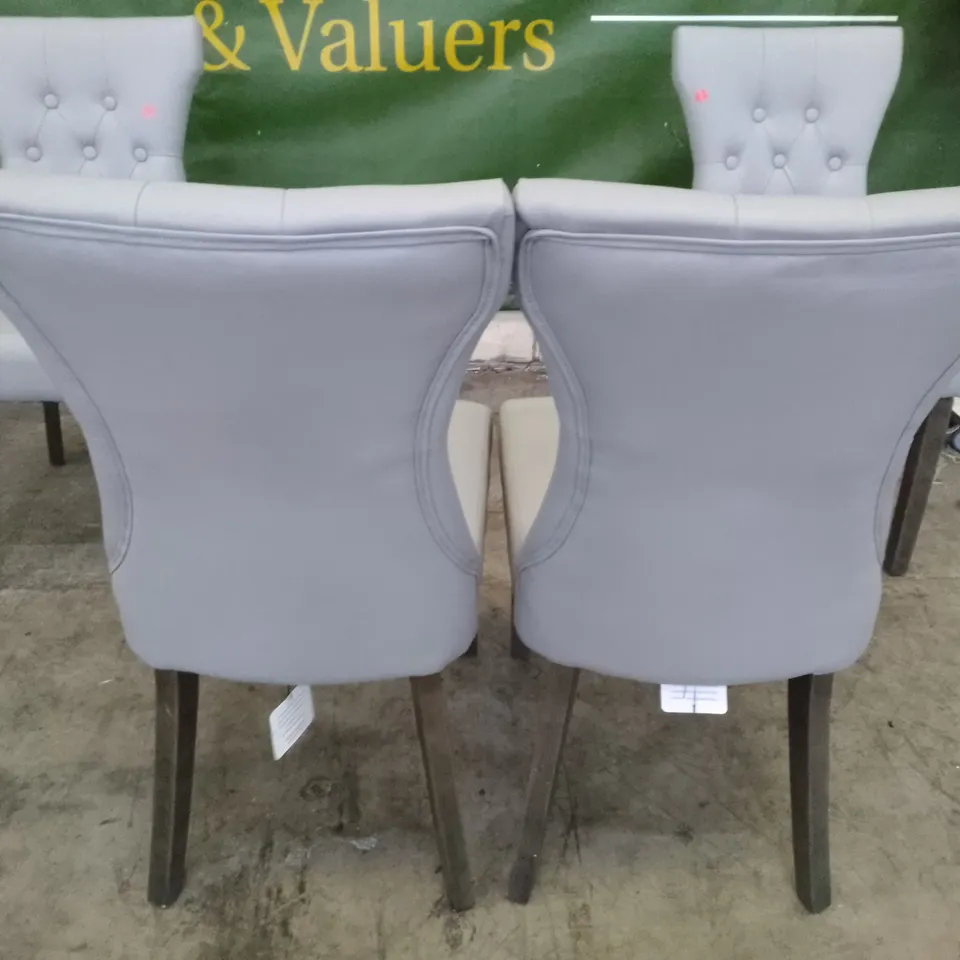 SET OF 4 NEW BEWLEY LIGHT GREY LEATHER BUTTON BACK DINING CHAIRS (DARK OAK LEG)