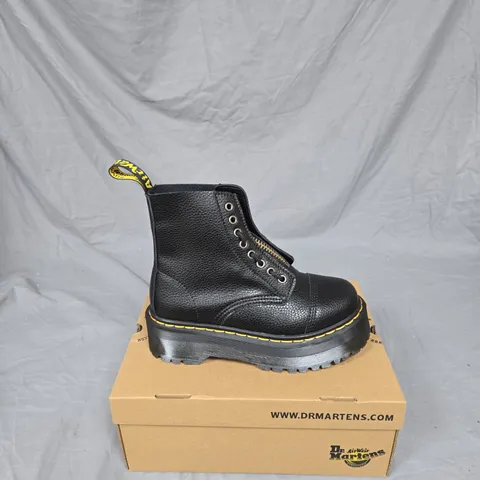 DR. MARTENS AIRWAIR BLACK LEATHER BOOTS WITH ZIP & LACES, 8-EYE, YELLOW STITCHING. UK SIZE 5.5