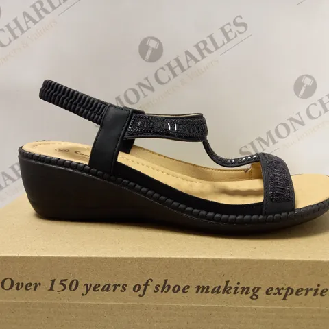 BOXED CUSHION WALK DIAMANTE T BAR SANDALS, BLACK - SIZE 5