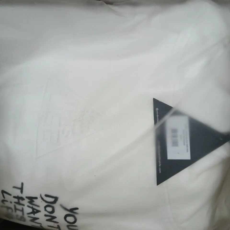 BOX OF APPROXIMATELY 8 YOU DON'T WANT THIS LIFE PAINTER HOODIES IN WHITE - SIZES VARY, BUT MOSTLY LARGE