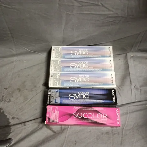 BOX OF APPROXIMATELY 60 ASSORTED MATRIX HAIR CARE PRODUCTS INCUDLING COLOR SYNC SHEER ACIDIC TONER, SO COLOR MEDIUM BROWN MOCHA VIOLET AND COLOR SYNC MEDIUM BLONDE VIOLET ASH/BRUNETTE ASH/BRUNETTE NEU