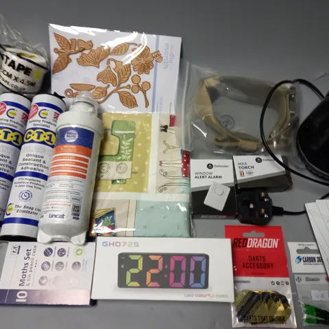 LOT OF ASSORTED HOUSEHOLD ITEMS TO INCLUDE LED COLOUR CLOCK, CONSTRUCTION ADHESIVE AND WINDOW ALERT ALARM