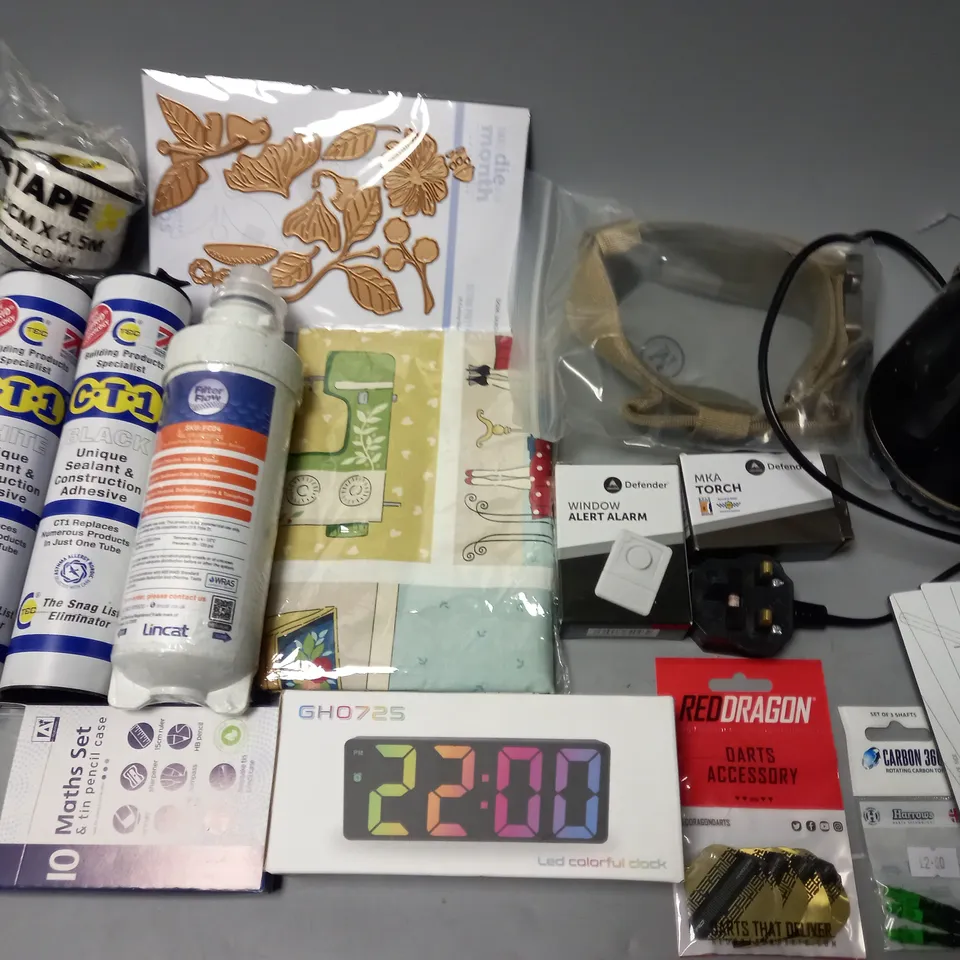 LOT OF ASSORTED HOUSEHOLD ITEMS TO INCLUDE LED COLOUR CLOCK, CONSTRUCTION ADHESIVE AND WINDOW ALERT ALARM