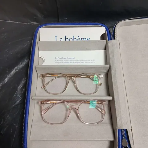 TWO PAIRS OF LA BOHEME EYEGLASSES IN BLUE CASE