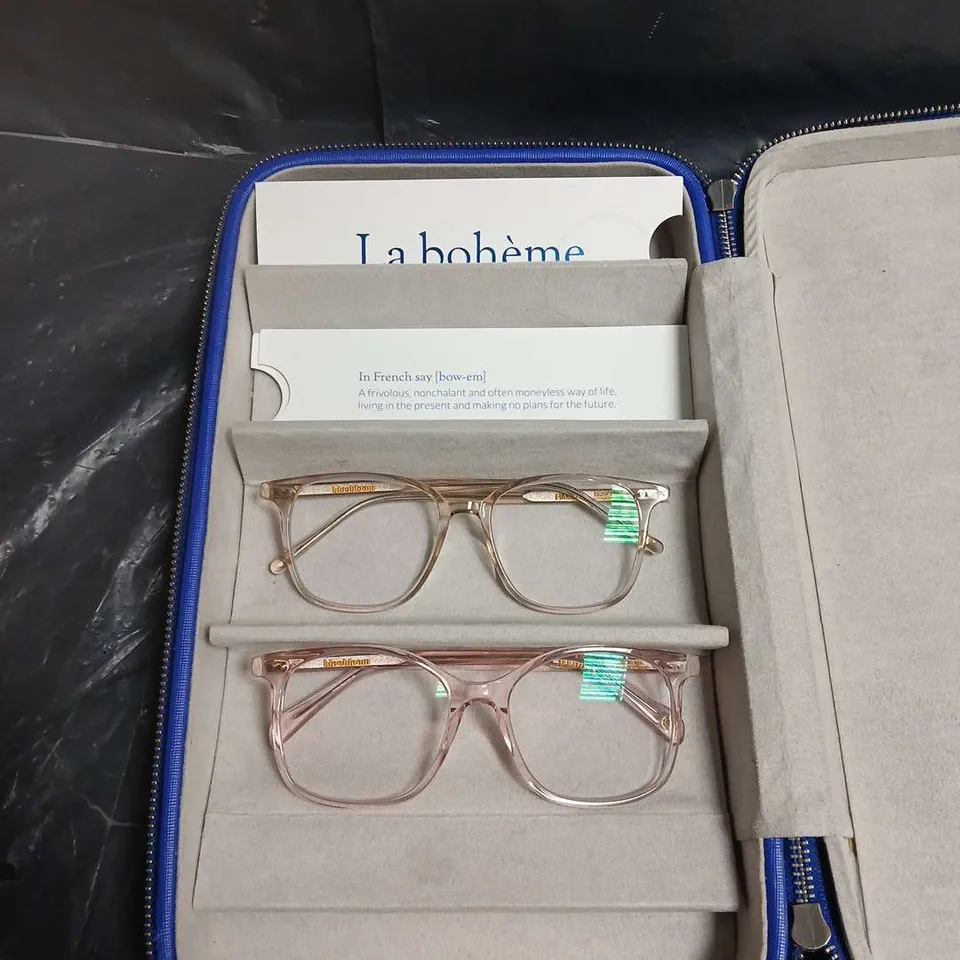 TWO PAIRS OF LA BOHEME EYEGLASSES IN BLUE CASE