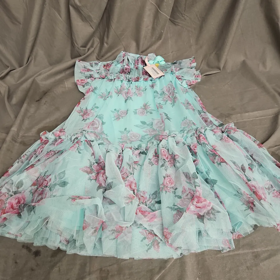 ANGELS FACE MESH DRESS IN AQUA/ROSE SIZE 8-9YRS