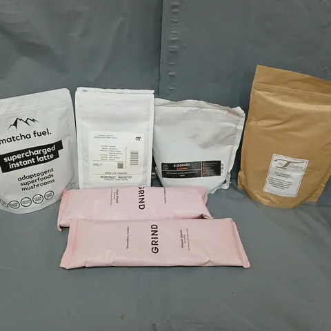 APPROXIMATELY 6 ASSORTED COFFEE PRODUCTS TO INCLUDE GRIND HOUSE BLEND, MATCHA FUEL SUPERCHARGED INSTANT LATTE, BURUNDI MAGEYO, ETC