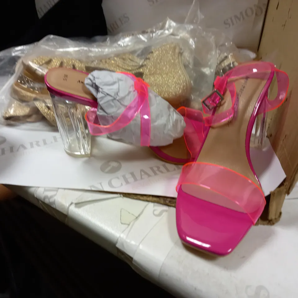 LOT OF 12 WOMENS HEELS, FLATS AND BOOTS MULTIPLE SIZES AND COLOURS