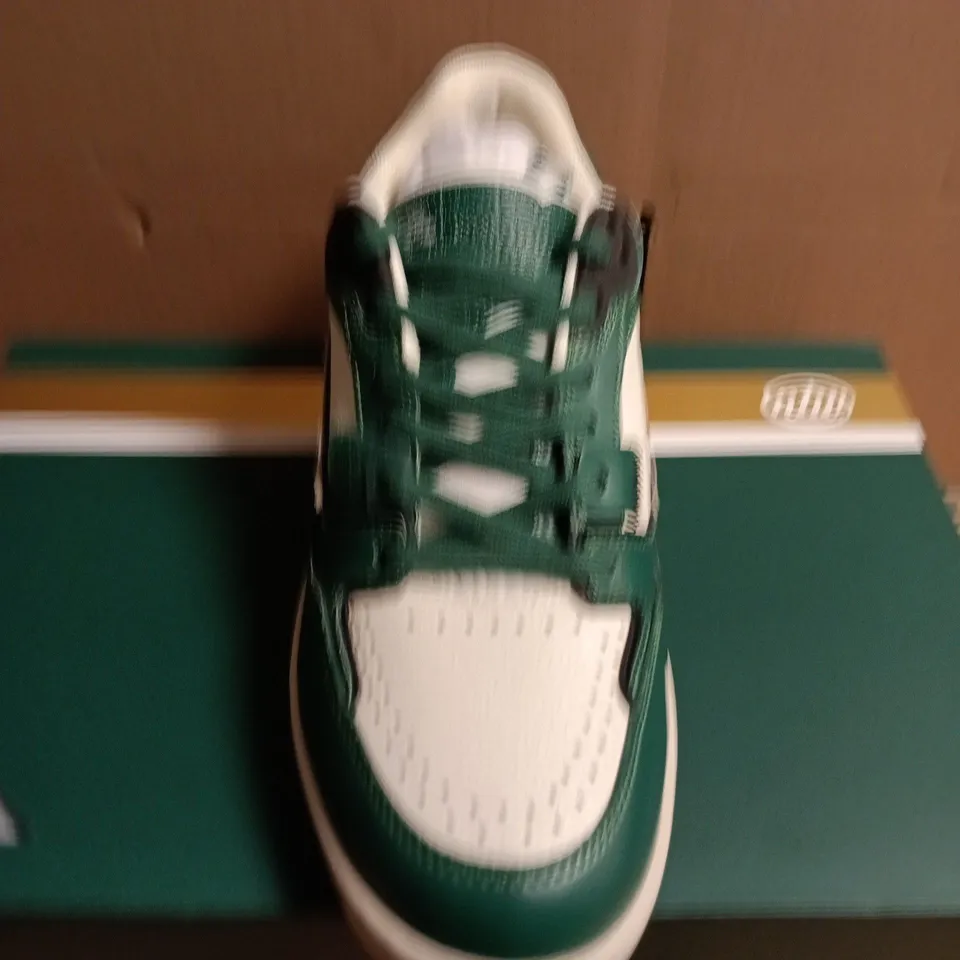 BOXED PAIR OF NO TWO WAYS SNEAKERS – GREEN & WHITE - UK SIZE 9