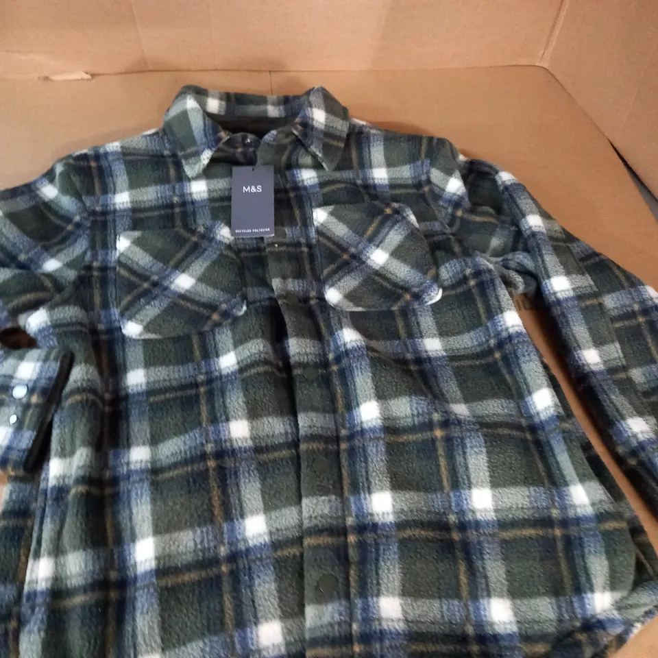M&S GREEN CHECK FLEECE SHIRT - M REG 