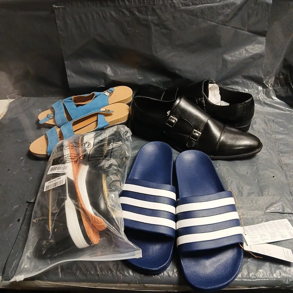 BOX OF APPROXIMATELY 15 ASSORTED PAIRS OF SHOES AND FOOTWEAR ITEMS IN VARIOUS COLOURS, STYLES, AND SIZES