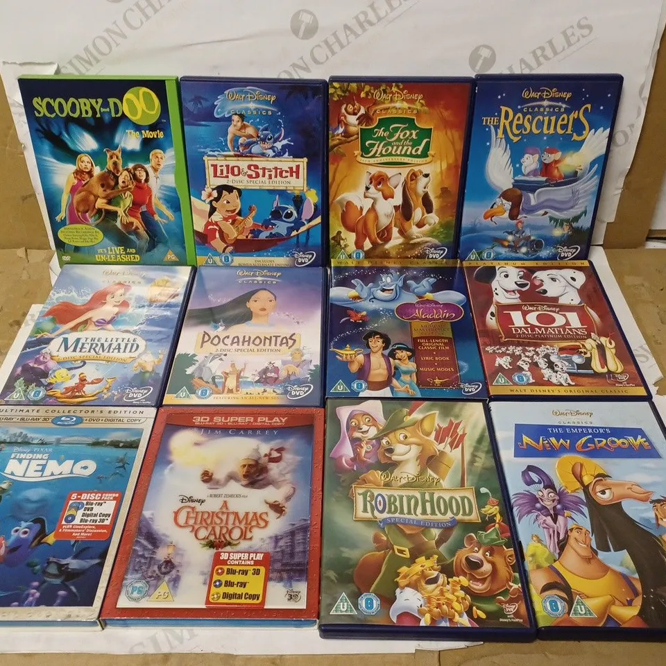 LOT OF APPROX 12 ASSORTED DVD/BLU-RAY DISCS TO INCLUDE 101 DALMATIONS, POCAHONTAS, FINDING NEMO, ETC