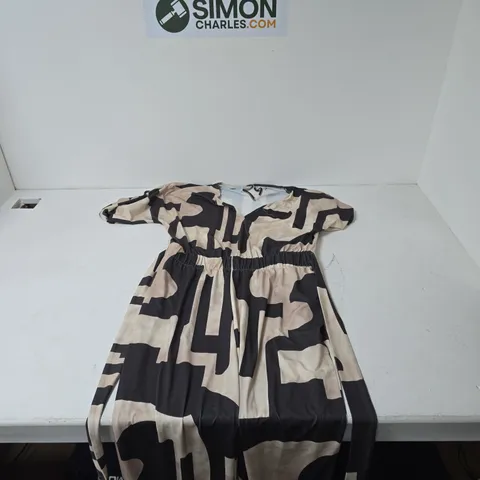 WOMEN'S DRESS – BEIGE & BLACK GEOMETRIC PRINT, UK 16 (EU 42), ELASTIC WAIST
