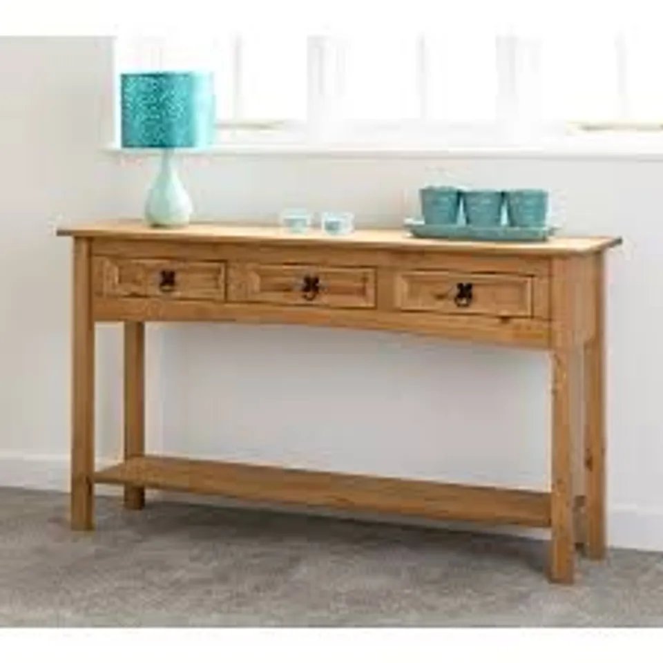 BOXED CORONA 3 DRAWER CONSOLE TABLE WITH SHELF - DISTRESSED WAXED PINE (1 BOX)