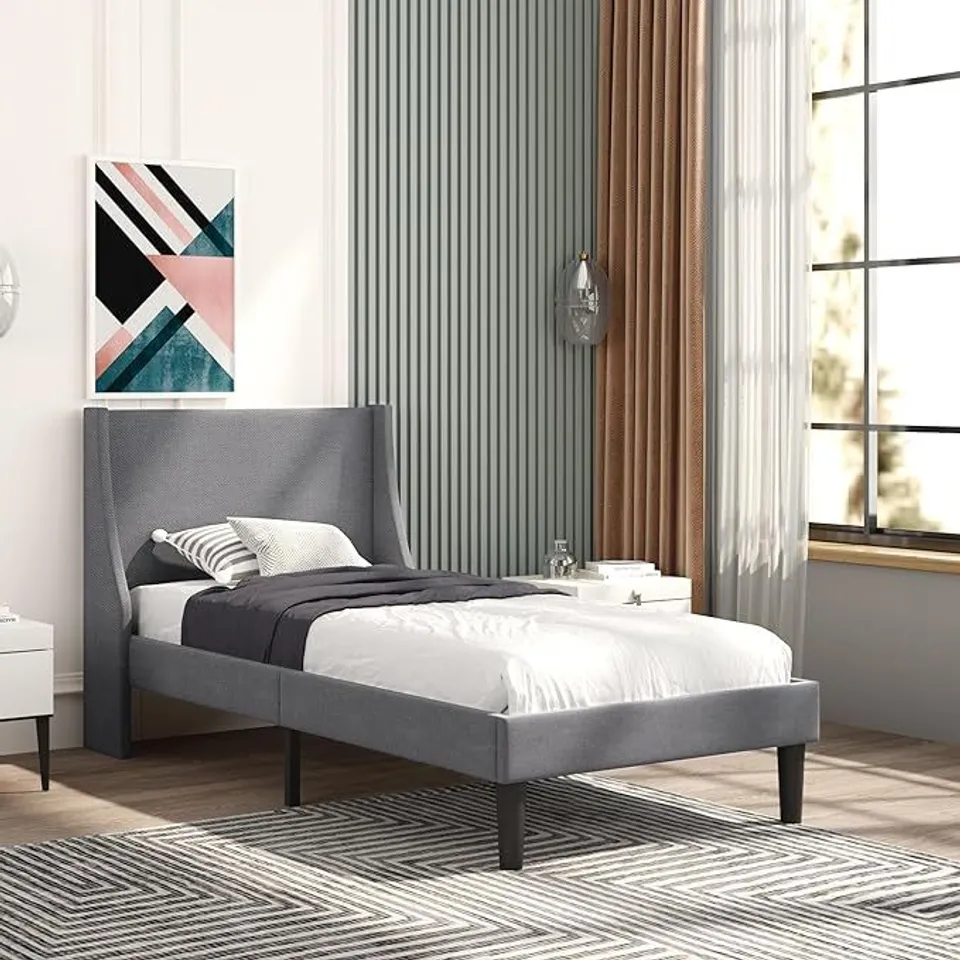 BOXED UPHOLSTERED SINGLE BED FRAME WITH WINGED HEADBOARD, WOOD SLAT SUPPORT, EASY ASSEMBLY, 97X197X96 CM, GREY