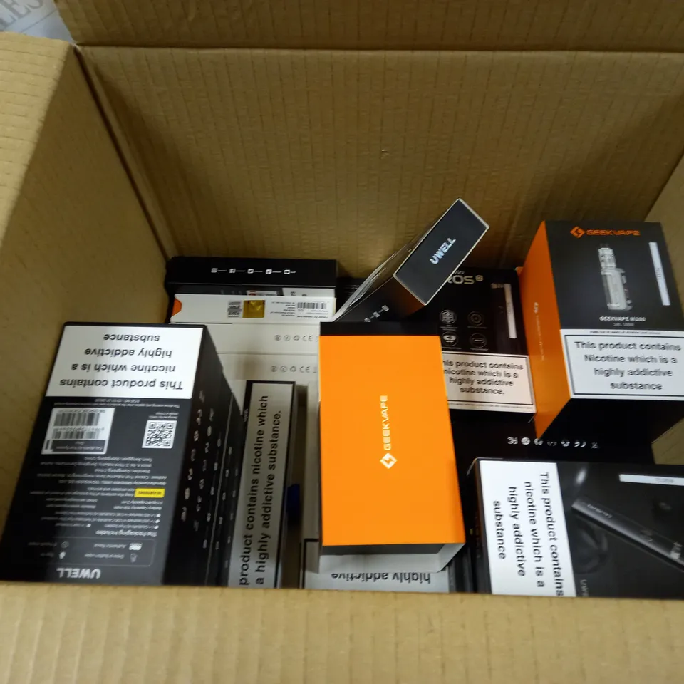 BOX OF APPROXMATELY 28 E-CIGARETTES AND LIQUIDS TO INCLUDE GEEKVAPE M100, CALIBURN A2 SYSTEM, VAPOROSSO XROS2, ETC
