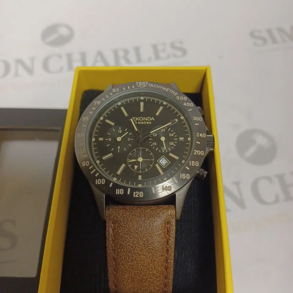 BOXED SEKONDA BROWN GENUINE LEATHER WATCH WITH DATE FEATURES