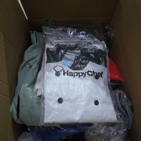 LARGE BOX OF ASSORTED CLOTHING ITEMS IN VARIOUS STYLES, SIZES AND COLOURS