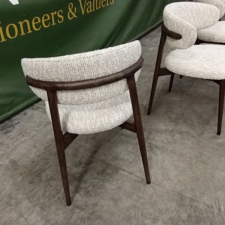 SET OF 3 QUALITY DESIGNER BOUCLE FABRIC AND DARK WOOD DINING CHAIRS