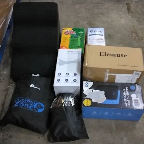PALLET OF ASSORTED ITEMS INCLUDING ELVIROS MEMORY FOAM CERVICAL PILLOW, FLEXI HOSE, GALTÉE PET STAIRS, MEMORY FOAM CERVICAL PILLOW, INFINITE GEL INFUSED WHEELCHAIR SEAT CUSHION, ELEMUSE