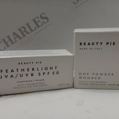BOX OF 2 BEAUTY PIE PRODUCTS TO INCLUDE FEATHERLIGHT UVA/UVB SPF50 SUNSCREEN/PRIMER 50ML & ONE POWDER WONDER PERFECTING POWDER