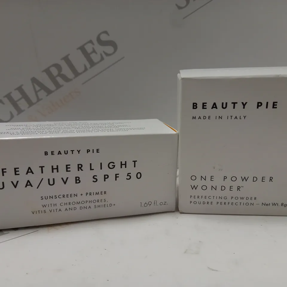 BOX OF 2 BEAUTY PIE PRODUCTS TO INCLUDE FEATHERLIGHT UVA/UVB SPF50 SUNSCREEN/PRIMER 50ML & ONE POWDER WONDER PERFECTING POWDER 