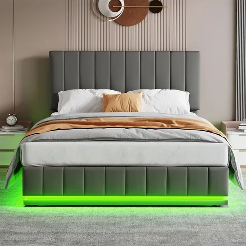 BOXED OTTOMAN DOUBLE BED WITH LED LIGHTING PU LEATHER UPHOLSTERED BED - GREY (2 BOXES)