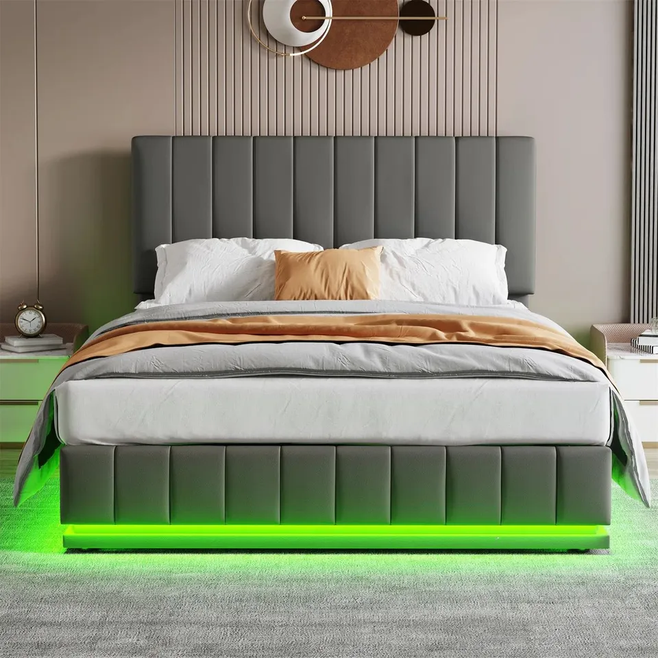 BOXED OTTOMAN DOUBLE BED WITH LED LIGHTING PU LEATHER UPHOLSTERED BED - GREY (2 BOXES)
