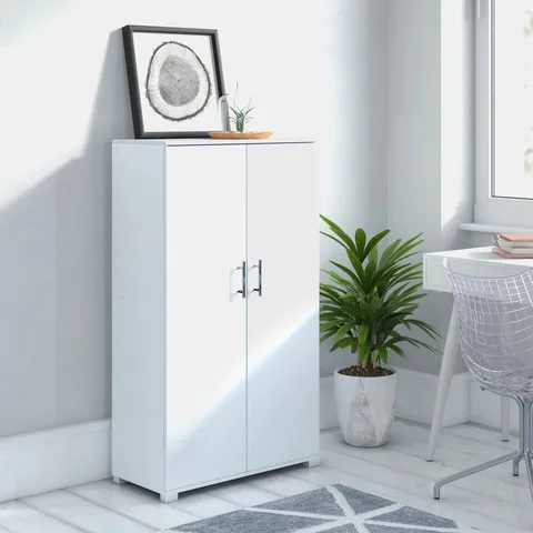 BOXED QUINLAN WOOD STORAGE CABINET WITH LOCK, 2 DOOR, 2 SHELF FILE, TOOL, UTILITY STORAGE CUPBOARD CABINET - WHITE (2 BOXES)