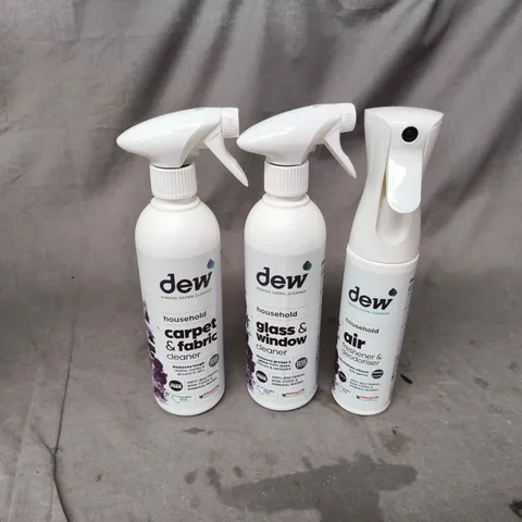 DEW HOUSEHOLD CLEANING TRIO TO INCLUDE GLASS & WINDOW CLEANER, AIR FRESHENER, CARPET & FABRIC CLEANER 