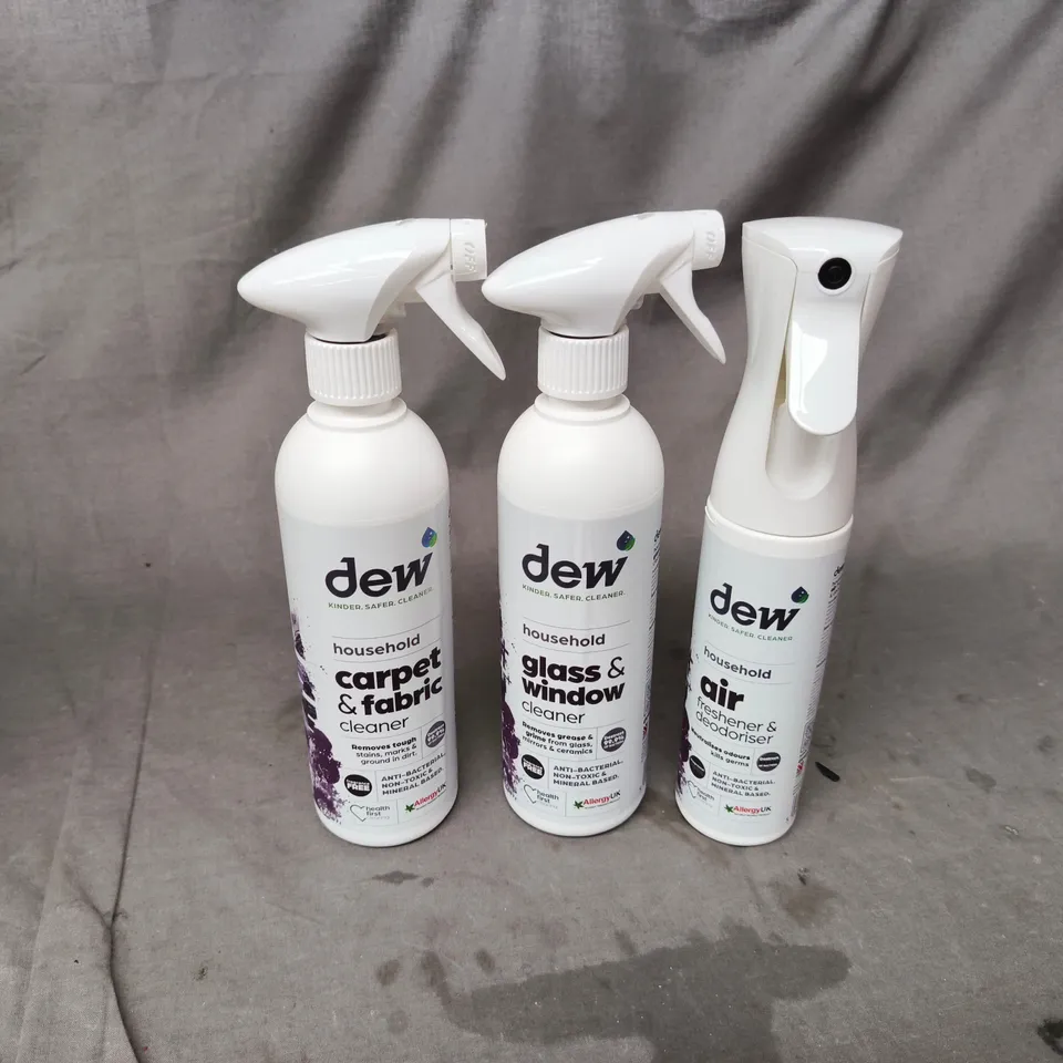 DEW HOUSEHOLD CLEANING TRIO TO INCLUDE GLASS & WINDOW CLEANER, AIR FRESHENER, CARPET & FABRIC CLEANER 