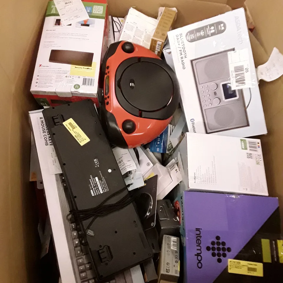BOX OF ASSORTED ELECTRONIC PRODUCTS INCLUDING CD BOOMBOX, KEYBOARDS, BLUETOOTH RADIO,EAR BUDS,